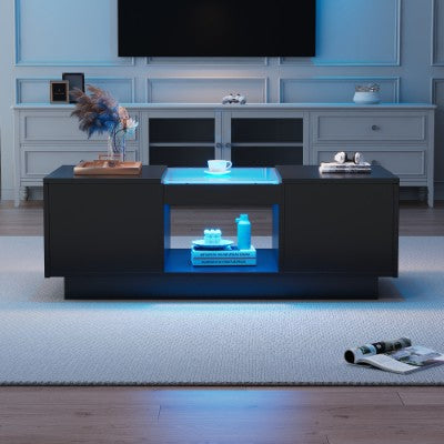 LED-koffietafel vir sitkamer, moderne koffietafel met stoorplek met LED-ligte, 2 vlakke en 2 laaie, groot sitkamer-middeltafels swart