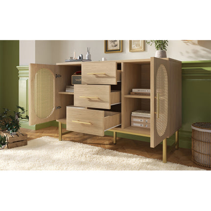 Rattan Sideboard Storage Cabinet With 2 Doors 3 Drawers, Storage Cabinet For Living Room, Bedroom, And Hallway, Metal Handles, Adjustable Shelves, Anti-Tip, 120 X 40 X 74 Cm, Oak