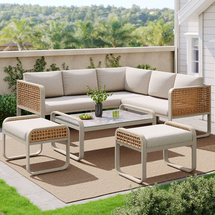 Outdoor Garden Lounge Set, Rattan Furniture Set For 6-7 People, Corner Sofa With Galvanised Iron Frame, Adjustable Legs, Includes All Seat And Back Cushions, Beige