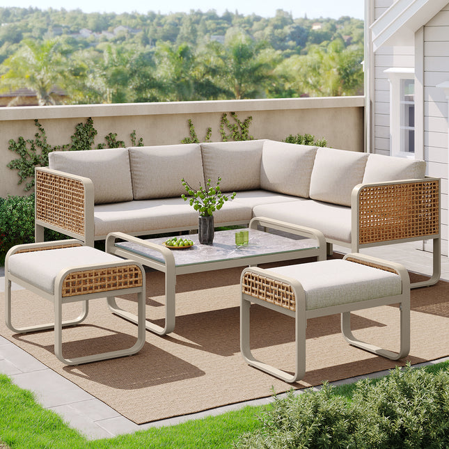 Buitelug Tuin Sitkamerstel, Rattan Meubelstel Vir 6-7 Mense, Hoekbank Met Gegalvaniseerde Ysterraam, Verstelbare Bene, Sluit Alle Sit- En Rugkussings In, Beige