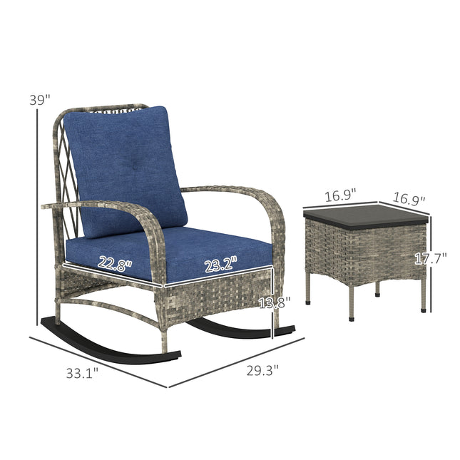 3 Stuk Wicker Patio Meubelstel, Buite PE Rattan Wipstoele Met Koffietafel, Kussings Vir Stoep, Grys