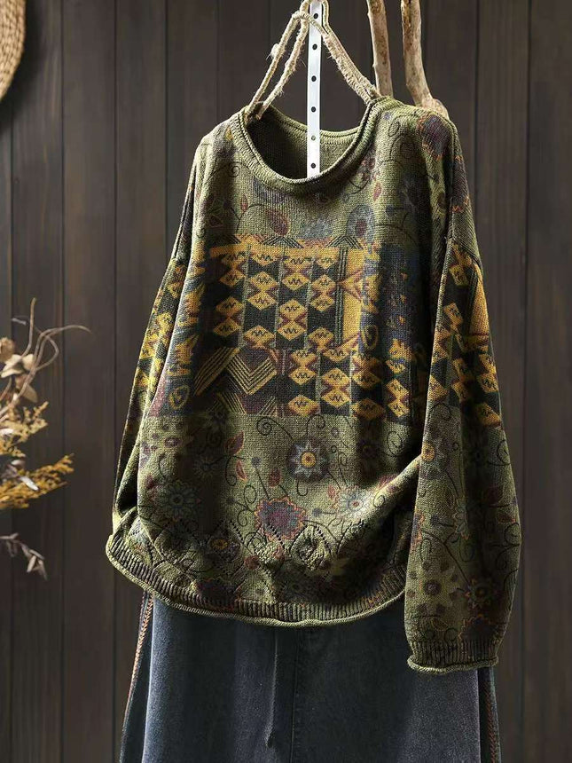 Women's Vintage Printed Cotton Knitted Sweater Round Neck