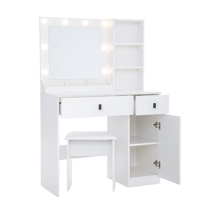 Kaptafel Met Ligte, Kaptafelstel Met Spieël, Grimeerkaptafel Met Groot Laaie Drievlak-Opbergkas, Kaptafels Met 3 Ligte Helderheidsverstelbaar Vir Slaapkamer, Wit