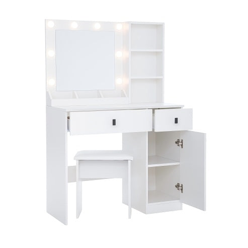 Kaptafel Met Ligte, Kaptafelstel Met Spieël, Grimeerkaptafel Met Groot Laaie Drievlak-Opbergkas, Kaptafels Met 3 Ligte Helderheidsverstelbaar Vir Slaapkamer, Wit