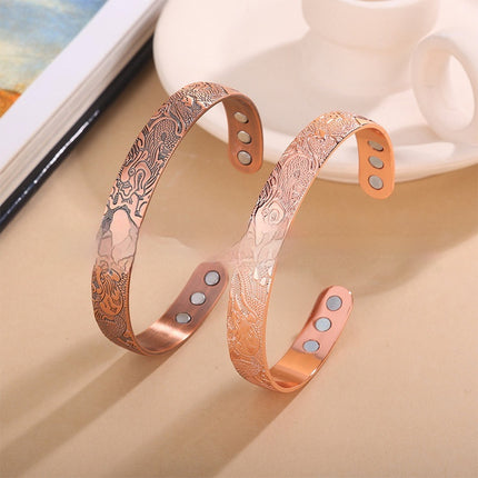 Draak-en-Feniks-Patroon Vintage Soliede Koper Magnetiese Oop-Punt Verstelbare Armband Vir Mans En Vroue