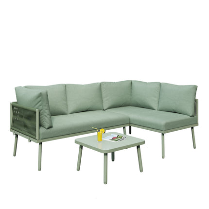 Outdoor Patio&Backyard Furniture Garden Lounge Set For 4-5 People, Thick Quality Space Saving L-Shaped Corner Sofa With Glass Coffee Table, Green