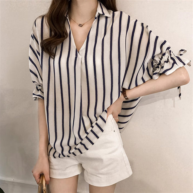 Lace-up Three-quarter Sleeve Striped Shirt For Women