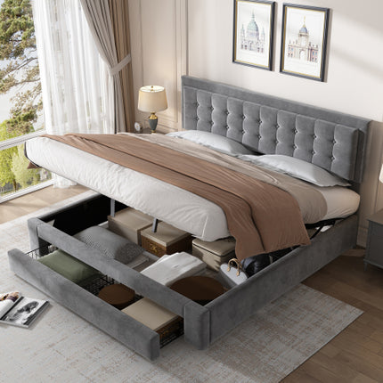 Gestoffeerde Koninggrootte Bed 150x200cm Fluweelstof Dubbelbed Groot Bergingspasie, Met Latte En Kopstuk, Sonder Matras, Grys