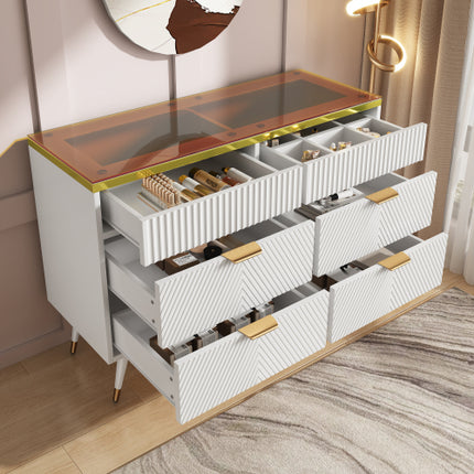 Buffetkas met 6 laaie, Amberglas-laaikas, Kompartementeleberging, Teen-omval, Kaptafel vir Sitkamer, Gang, Slaapkamer en Kinderkamer, 120 X 40 X 76 Cm, Wit