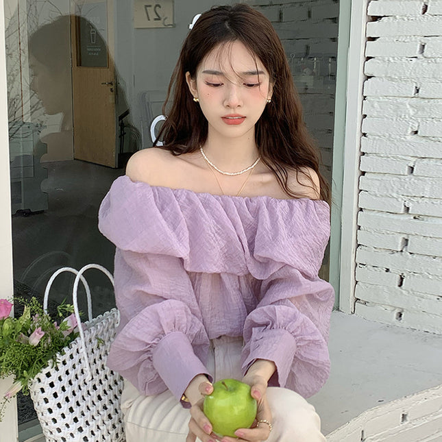 Spring Gentle Elegant Boat-neck Off-the-shoulder Design Loose Puff Sleeves Chiffon Shirt Top For Women