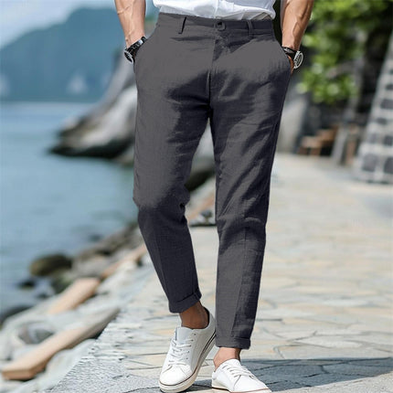 Men's Linen Summer Button Front Slant Pocket Straight-leg Trousers