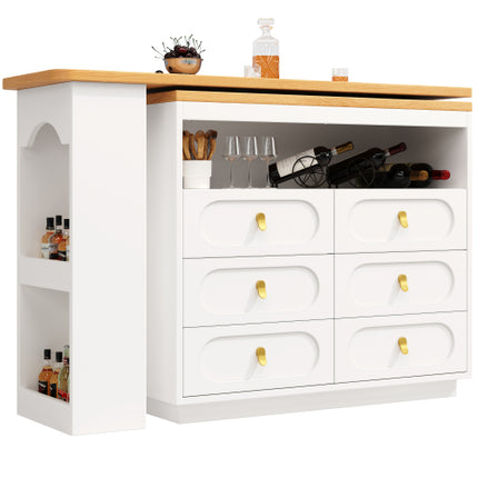 360 Roterende Kroegtafel Hoofgedeelte 137 X 39 X 90 Cm, Koffiekroegmeubels, Roterende Eetkroeg Met Berging, Kombuiseiland, Met Speseryrak, Ses Laaie, Oop Bergingspasie, Wit