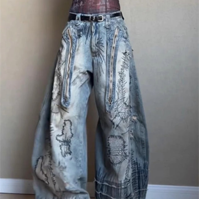 Plus Size Street Men's Random Needle Embroidery Stain Jeans