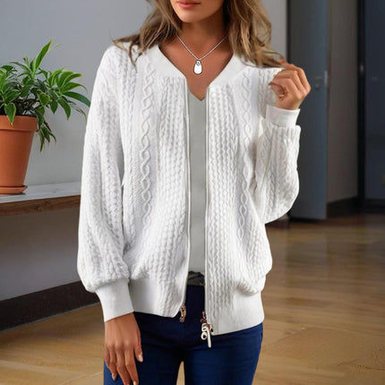 Women's Solid Color Jacquard Short Sleeve Casual Jacket Baseball Collar With Zipper Spring & Fall Lightweight Outerwear