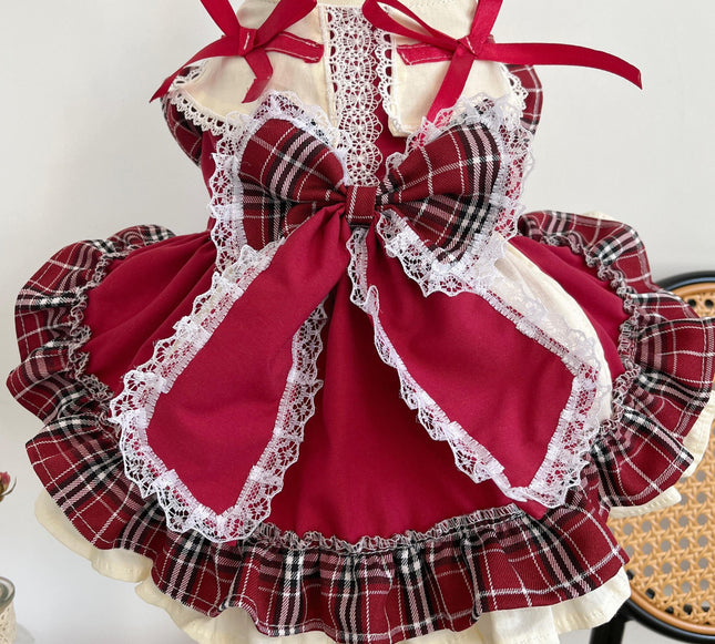 Princess Lolita Dress With Pet Bow Plaid Lace