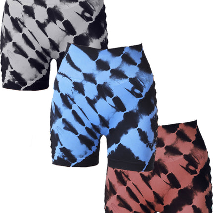 3 Pack Women's Side Cut-Out Tie-Dye Seamless Hip Lift High Waist Sports Fitness Yoga Shorts