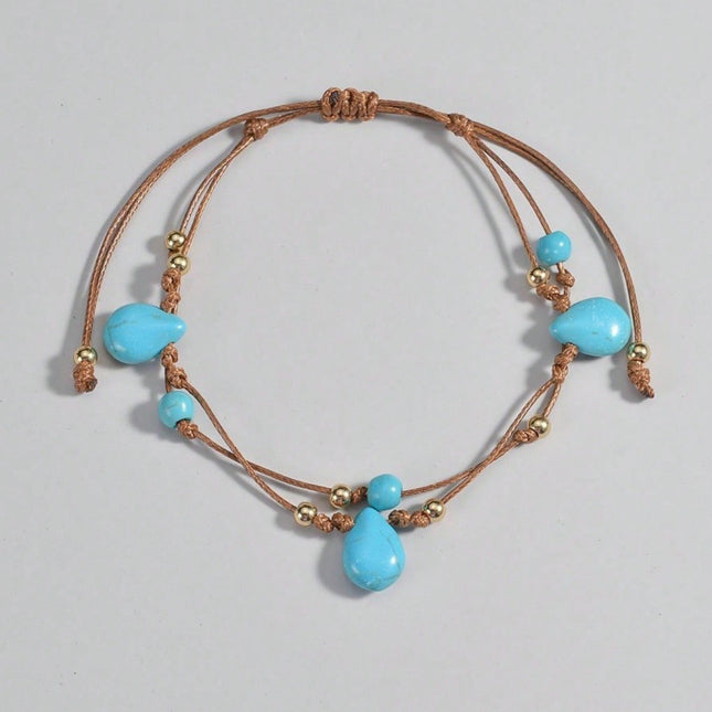 Bohemian Turquoise Pendant Wax Line Woven Double-circle Anklet