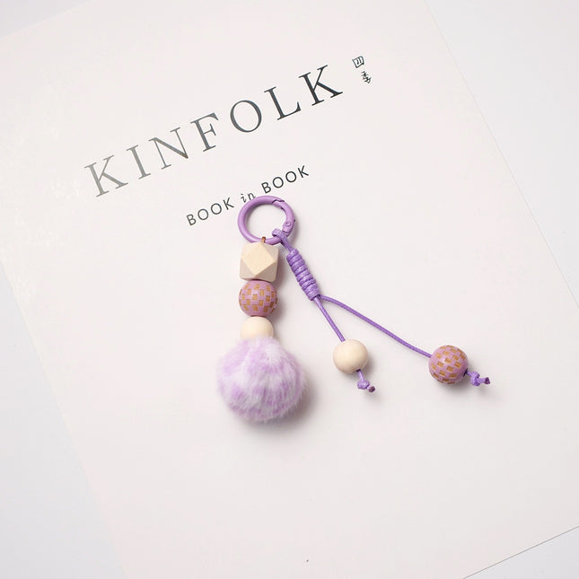 Wooden Bead Pompom Keychain Sweet Bag Charm