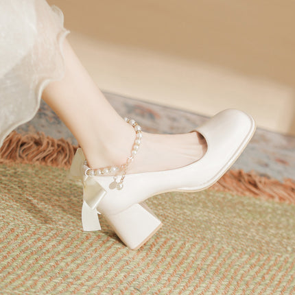 Mary Jane Shoes Pearl Ribbon Patent Leather Fairy Style