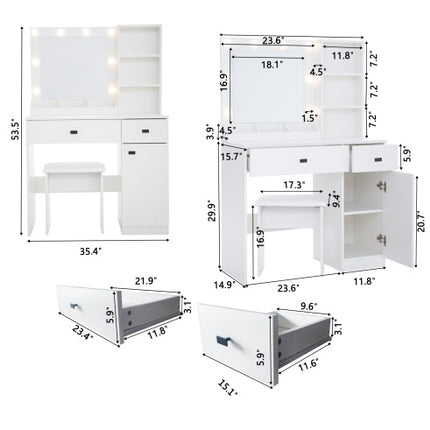 Kaptafel Met Ligte, Kaptafelstel Met Spieël, Grimeerkaptafel Met Groot Laaie Drievlak-Opbergkas, Kaptafels Met 3 Ligte Helderheidsverstelbaar Vir Slaapkamer, Wit