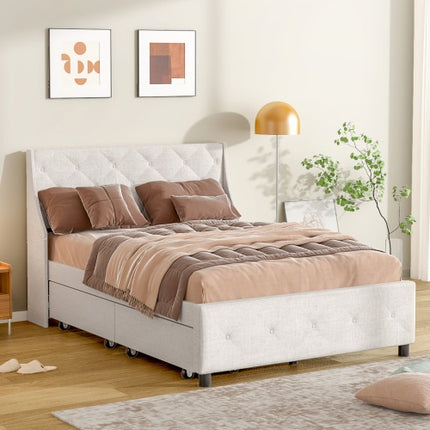 Queen Size Bed Frame With Storage Headboard, Metal Platform Bed No Noise, Mattress Foundation Strong Metal Slats Support No Box Spring Needed