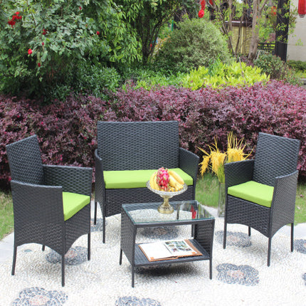 4 ST Rattan Patio Meubelstel Buite Patio Opgestopte Sitplek Rieten Bank Groen Kussing