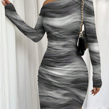 Pleated Slim Fit Long Sleeve Narrow Diagonal Collar Dress Women's Clothing