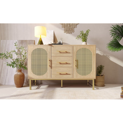 Rattan Sideboard Storage Cabinet With 2 Doors 3 Drawers, Storage Cabinet For Living Room, Bedroom, And Hallway, Metal Handles, Adjustable Shelves, Anti-Tip, 120 X 40 X 74 Cm, Oak