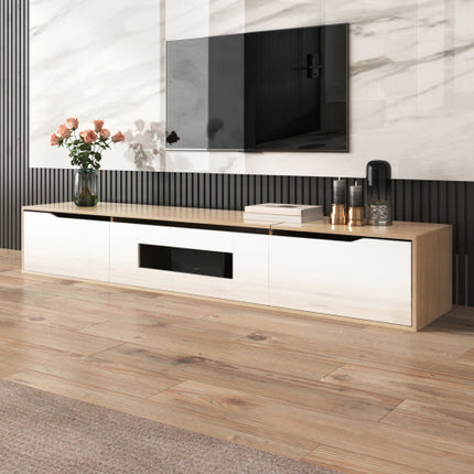 TV Cabinet, High Gloss TV Cabinet, Color Matching High-glosswhite And Wood Color, With Color Changing LED Light.