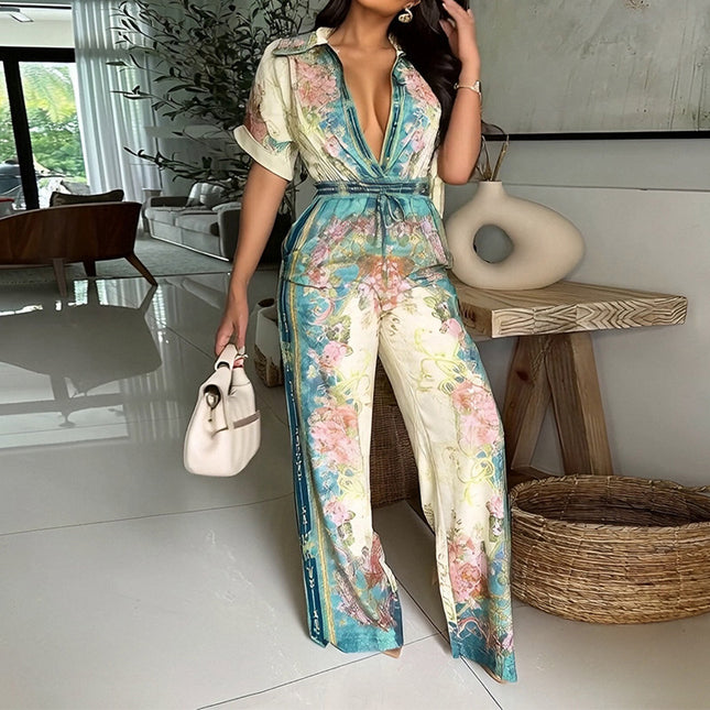 Short Sleeve Printed Sexy Slimming Jumpsuit