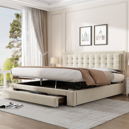 Gestoffeerde Koninggrootte Bed 150x200cm Fluweelstof Dubbelbed Groot Bergingspasie, Met Latte En Kopstuk, Sonder Matras, Grys
