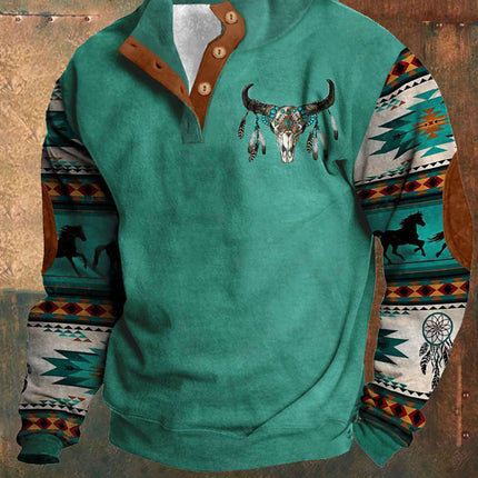 Winter Digital Printing Long Sleeve Stand Collar Half Button Sweater Men