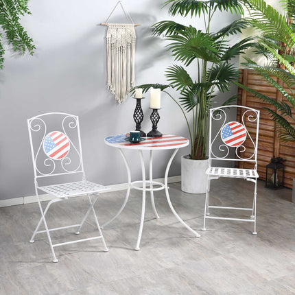 3-stuk Patio Bistro-stel, Opvoubare Buitemeubels met VSA-mosaïektafel en -stoele, Draagbare Metaalrame vir 4 Julie, Balkon, Agterplaas, Swembad, Stoep, Amerikaanse Vlag