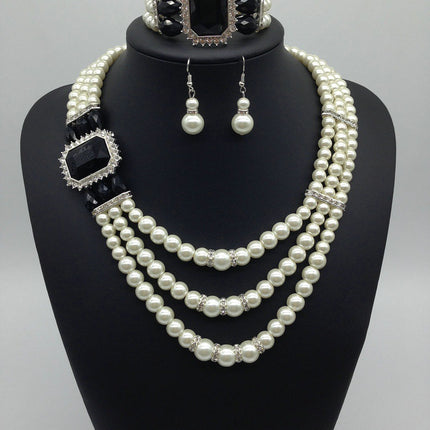 Europese mode Diamant Edelsteen Pêrel Halssnoer Oorbelle Stel multi bruid ketting armband driestuk Halssnoer