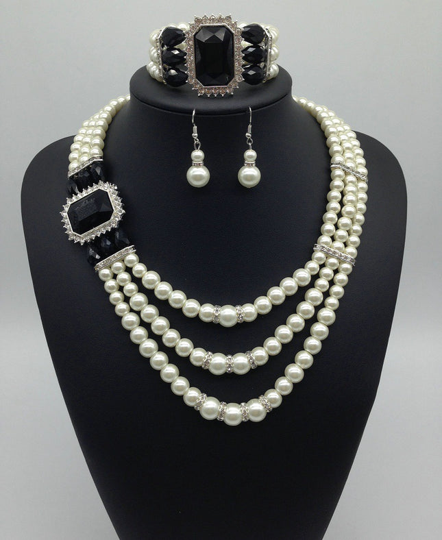 Europese mode Diamant Edelsteen Pêrel Halssnoer Oorbelle Stel multi bruid ketting armband driestuk Halssnoer