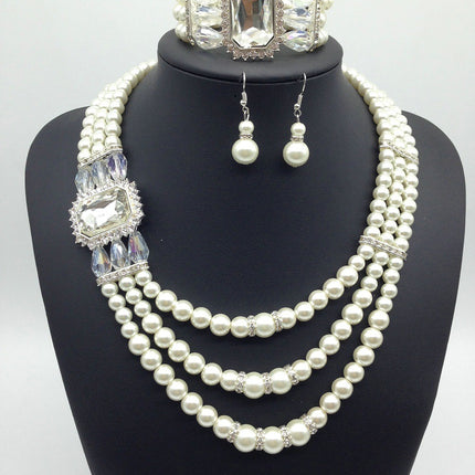 Europese mode Diamant Edelsteen Pêrel Halssnoer Oorbelle Stel multi bruid ketting armband driestuk Halssnoer