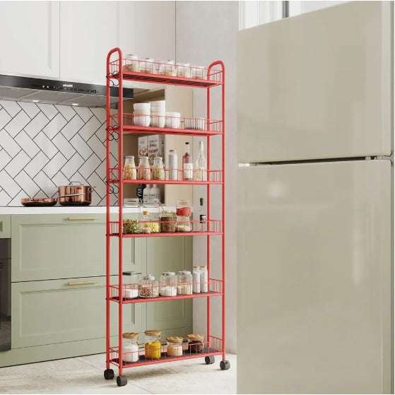 6-Tier Rolling Cart Gap Kitchen Slim Slide Out Storage Tower Rack With Wheels,Baskets,6 For Kitchen,Bathroom Laundry Narrow Piaces Utility Cart,Red