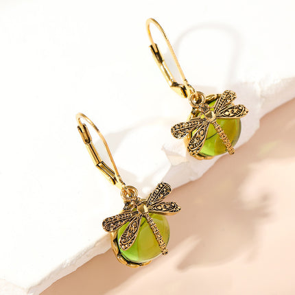 Creative Retro Dragonfly Green Crystal Pendant Earrings