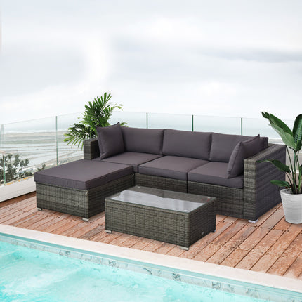 5-Stuk Buitelug Seksionele Meubels, Patio Bankstel, PE-Wicker Rusbank, Kussings, Kussing, Ottomaan, Tafel, Houtskool