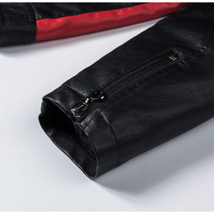 Motorcycle Stitching Leather Jacket Men Stand Collar Retro