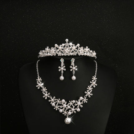 Bruidshoofbedekking, drie stelle kristalblomhalssnoere, diamante oorbelle, Europese en Amerikaanse styl kroon, troujuweliersware