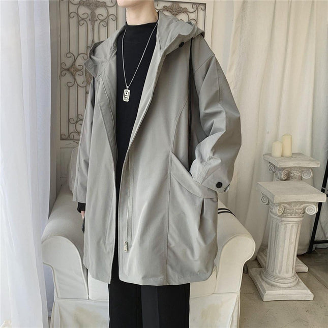 Hong Kong Style Casual Windbreaker Men's Mid-length Hooded Jacket