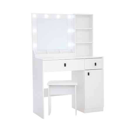 Kaptafel Met Ligte, Kaptafelstel Met Spieël, Grimeerkaptafel Met Groot Laaie Drievlak-Opbergkas, Kaptafels Met 3 Ligte Helderheidsverstelbaar Vir Slaapkamer, Wit
