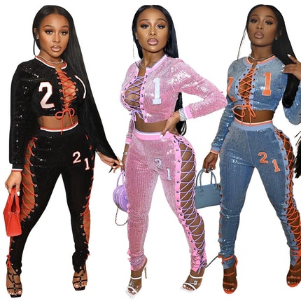 Lace-up Jacket With Pencil Pants Fashion Sequins Two-piece Set