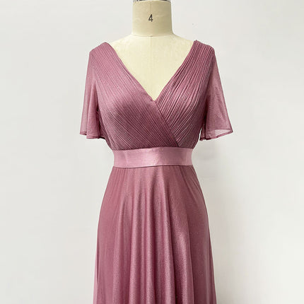 Elegant V-Neck Flared Sleeve Chiffon Maxi Dress For Women - Stretchy A-Line Party Evening Gown With Handmade Pleats