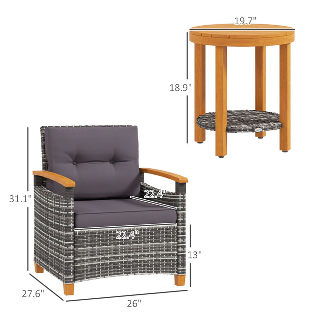 Buitelug Bistro Stel Rattan Stoepmeubels Met Kussings Vir Stoepe, Agterplaas, Tuin, Grys