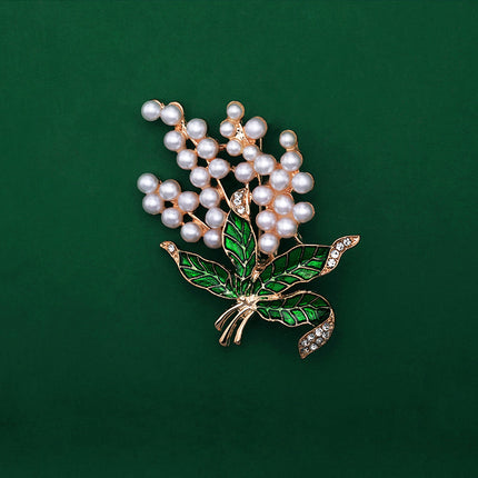 Fashionable Trendy Plant And Pearl Brooch In Alloy And Enamel