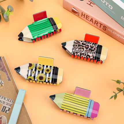 4 Stuks Potlood Haarspelde Terug Skool Toe Haarbykomstighede Vir Vroue Sonneblom Luiperdstreephaar Klou Spelde Nie-gly Haarspelde Vir Dik Dun Hare Skool Maak Oop Seisoen Onderwysersuitrusting Dekor-Uitverkoping