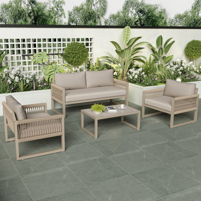 Buitelewe Patio&Agterplaas Meubels Tuin Sitkamerstel Vir 4 Mense, Dik Kwaliteit Ruimtebesparende Bank Met Glaskoffietafel, Khaki