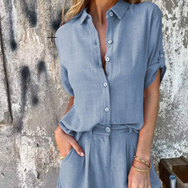 Short-sleeved Suits Fashion Lapel Button Shirt Top And Pocket Shorts Women's Clothing